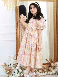 SHEIN Đầm hoa nhí thanh lịch cổ vuông tay phồng dành cho bé gái tuổi teen - Hồng - Xem 2