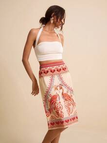 LOTSLUV 女士杏色和橙色半身裙，饰有心形和孔雀图案、刺绣和串珠装饰，适合春夏穿着。 - 橘色 - 查看 5