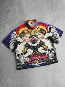 ROMWE MEN Street Life Men's Retro Graphic Print Boxy Fit Short Sleeve Shirt - Black - View 3