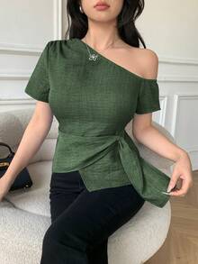Celisse 优雅系结肩领设计休闲修身女式衬衫 - 綠色 - 查看 5