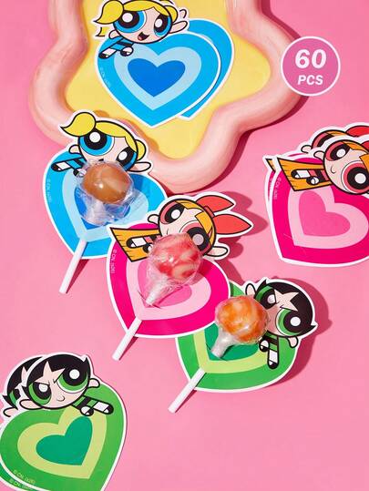 THE POWERPUFF GIRLS X SHEIN 60 Pcs  Cute Cartoon Character Pattern Lollipop Decoration Card, Birthday Party Family Holiday Party Decoration Supplies, Birthday Gift Candy Decoration Supplies, Party Gift
