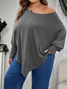 SHEIN CURVE+ 大码女式不对称下摆蝙蝠袖纯色斜肩宽松休闲上衣T恤，适合秋季穿着，冬季女装，大码女装，适合万圣节/秋季/冬季穿着。 - 灰色 - 查看 4