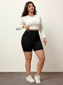 Enliva Plus Size Women High Elasticity Solid Color Tummy Control Slim Fit Shorts, For Apple And Rounded Body Shape - Black - View 6
