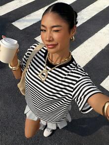 SHEIN Muchic 女士黑白条纹针织休闲T恤 - 黑與白 - 查看 5