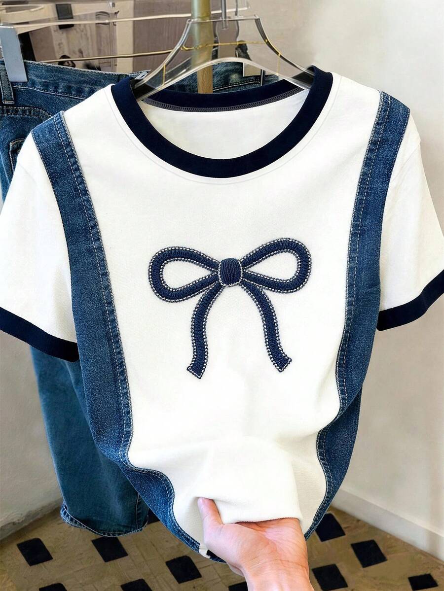 Resyla Women's Bow Print Round Neck Short Sleeve Casual Versatile T-Shirt - White - View 1