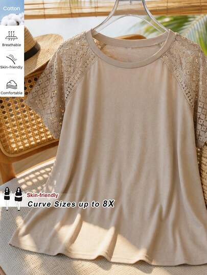 SHEIN CURVE+ Curve Size US22Music Festival, Seaside Vacation, Bohemia Color Block Lace Splicing Short Sleeve T-Shirt, Suitable For Beach Vacation In Summer Boho Vacation, Summer Tops