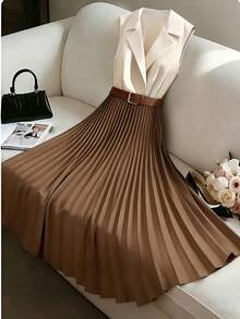 Franclia Women's Elegant Classy Brown Stripe Pleated Dress,Sleeveless Shirt-Style Lapel Semi-Open Front Two-Tone Mid-Length Dress For Summer Office Workplace - Multicolor - View 6