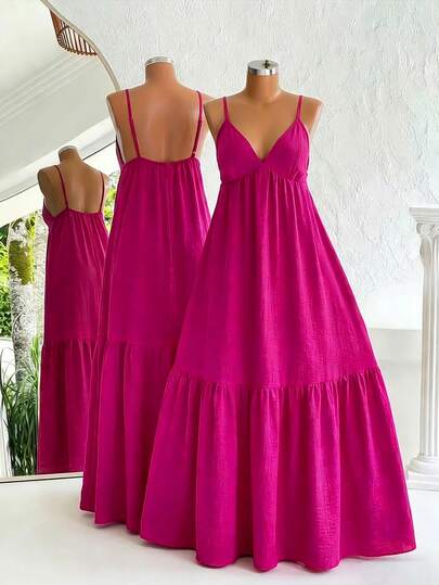 BamGleam Women's Romantic Elegant Vintage Purple Low-Cut Sexy V-Neck Spaghetti Strap Backless Dress, Suitable For Holiday Dates, Afternoon Tea, Beach, Vacation, Wedding Season, Parties, Beach Summer Dress