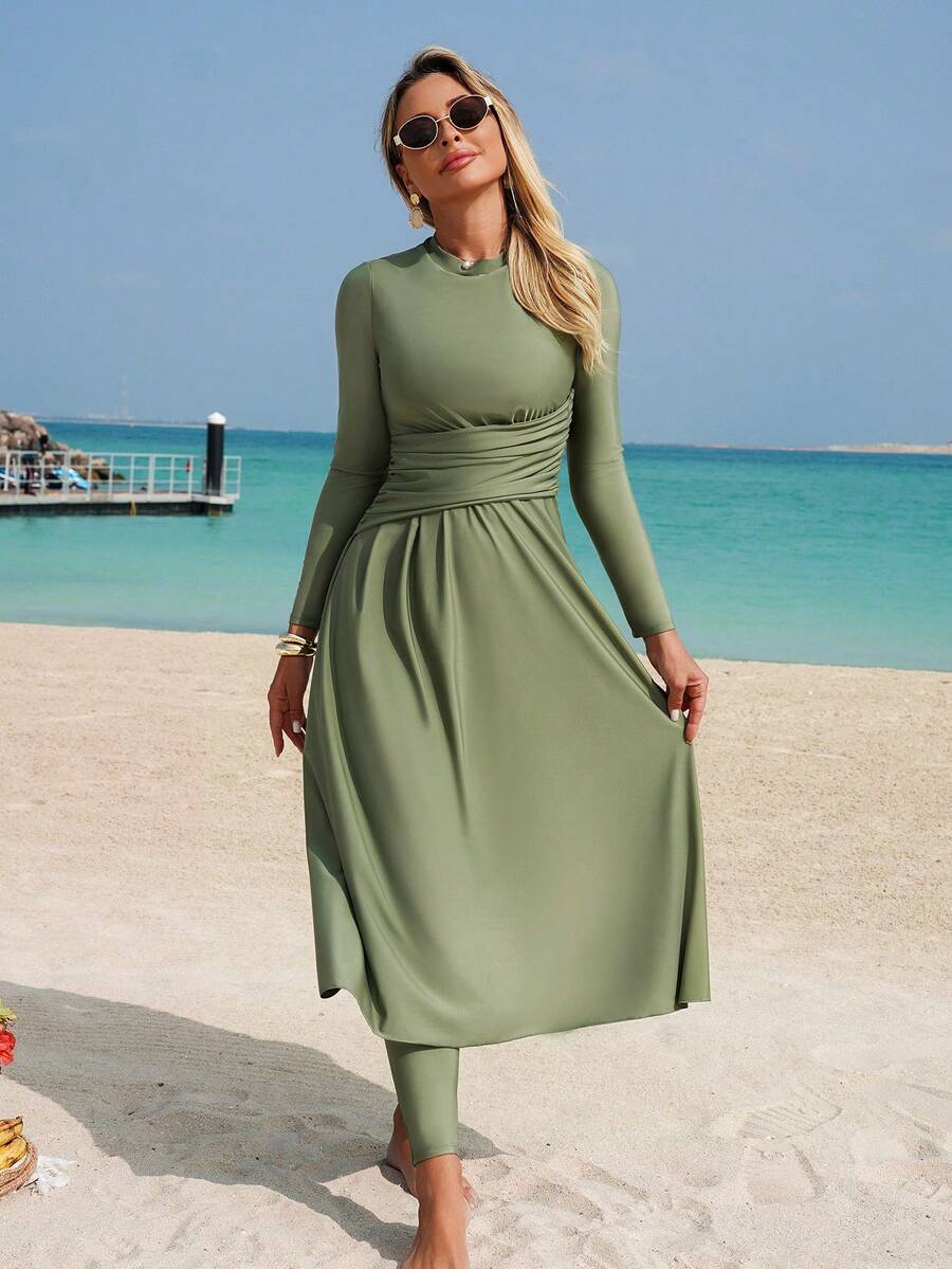 Swim Shayni 优雅收腰长袖度假泳衣套装，包含泳裤 - 軍綠色 - 查看 1