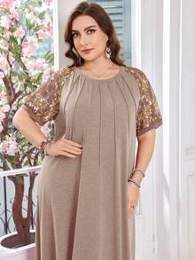 Lacomfia Women's Round Neck Short Sleeve Lace Floral Print Patchwork Trim Casual Loose Comfortable Versatile Plus Size Dress - Brown - View 1