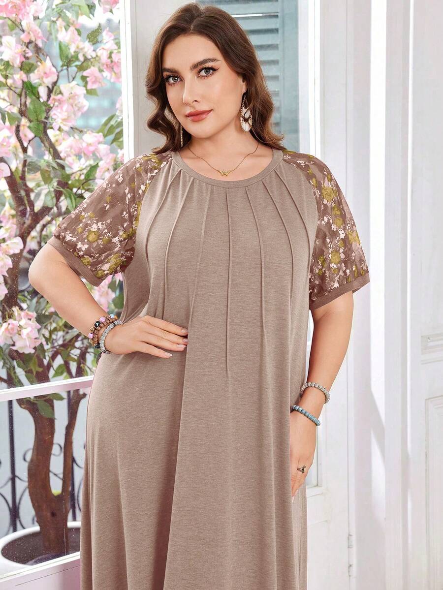 Lacomfia Women's Round Neck Short Sleeve Lace Floral Print Patchwork Trim Casual Loose Comfortable Versatile Plus Size Dress - Brown - View 1