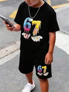 SHEIN 两件装儿童青少年男童休闲舒适百搭67图案圆领宽松黑色T恤和短裤套装，运动服，Y2K风格套装，夏季服装，适合春夏季节、外出、约会、旅行、度假、家庭聚会、返校、婚礼、晚宴、运动、生日派对等场合。 - 黑色 - 查看 5
