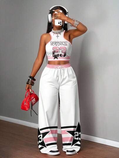 Slaydiva 2pcs/Set Women's Casual Street Style 23 Star New York Letter & Number Print Tight Tank Top And Loose Pants Suit, Suitable For Street, Outing, Y2K