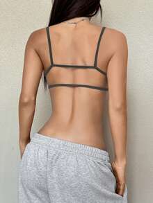 SHEIN EZwear 纯色露脐吊带背心，女士夏季上衣，夏季女装，夏季上衣，带胸罩的T恤，瑜伽套装，女士瑜伽上衣，内置胸罩的吊带背心 - 深灰色 - 查看 2