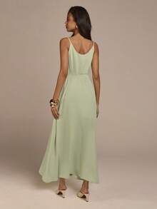 COSMINA Women's Elegant Sage Green Summer Mid-Length Dress,Spaghetti Strap Deep V-Neck Tie Waist Brunch Vacation Resort Wear,Casual Office Commute Dress - Yellow - View 2