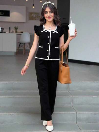 SHEIN 2 件套少女女孩碎花短袖上衣搭配蝴蝶结装饰和宽松裤子套装