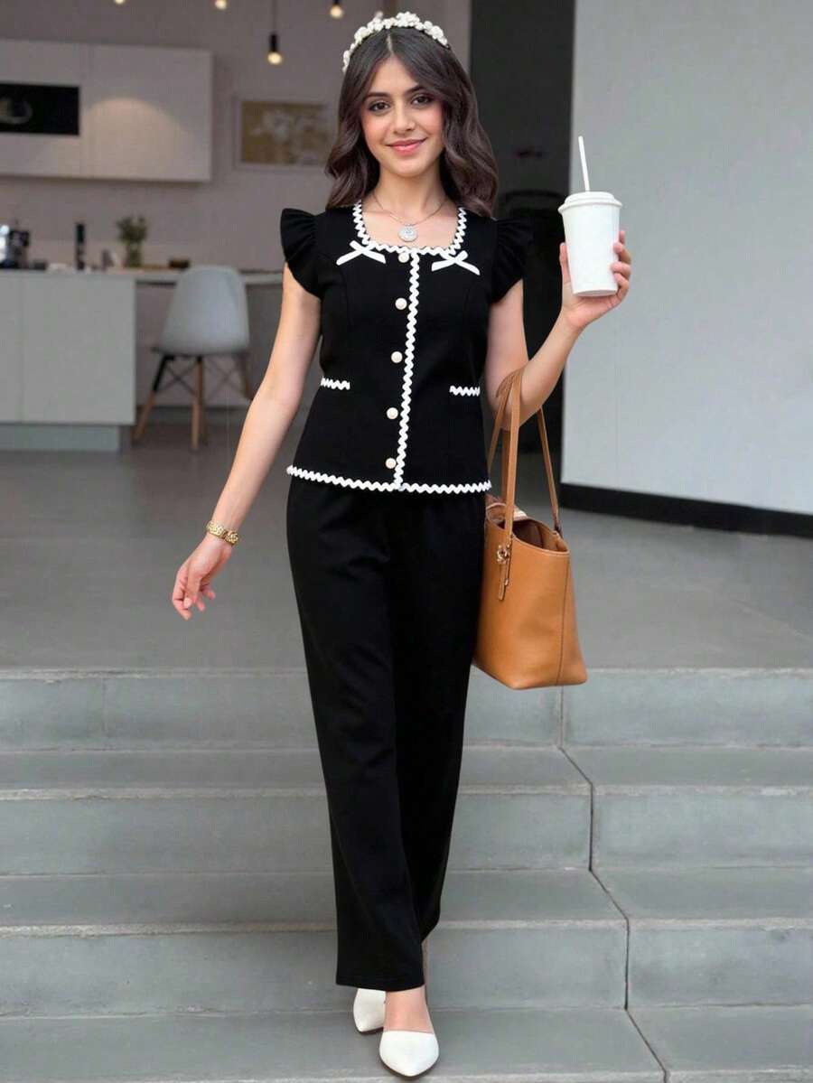 SHEIN Bộ 2 áo crop top tay lỡ họa tiết hoa cho bé gái tuổi teen có nơ trang trí và quần ống rộng - màu đen - Xem 1