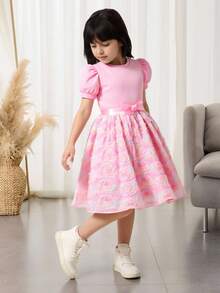 Glamorique Kids Đầm dự tiệc bằng vải voan họa tiết hoa cho bé gái, màu tím, kiểu dáng thanh lịch dành cho các dịp đặc biệt. - Bụi hồng - Xem 8