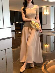 DAZY 女士纽扣前开襟短袖休闲中长连衣裙 - 卡其色 - 查看 5