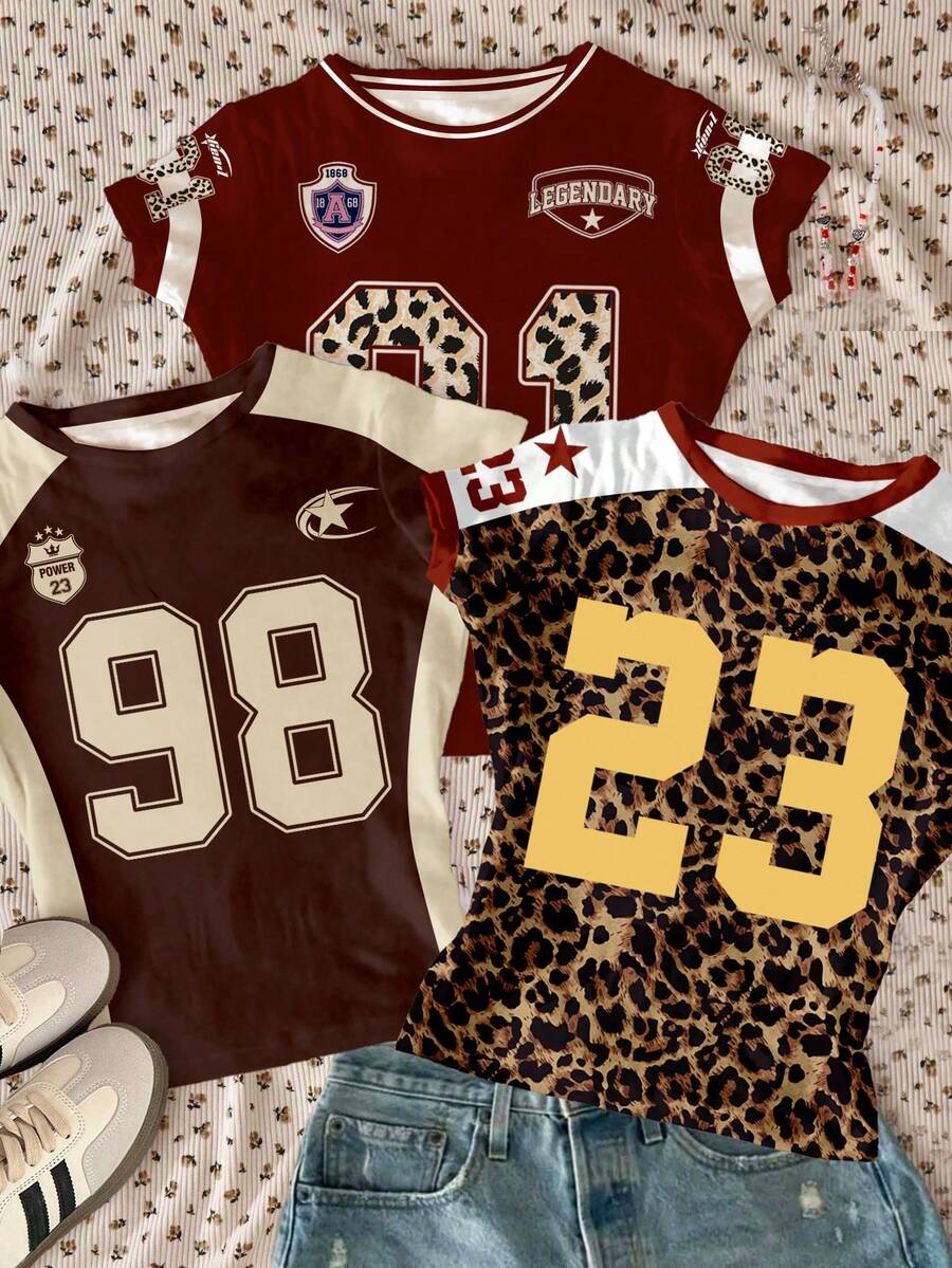 Bộ 3 áo thun nữ tuổi teen phối màu họa tiết da báo, màu nâu, đỏ tía, phong cách Blokecore, retro thập niên 90, thể thao đường phố cá tính, họa tiết da báo, số và chữ cái, ôm sát, chất liệu co giãn, Blokette, áo thun nữ tuổi teen dáng ngắn, cổ tròn, tay ngắn, cạp cao, kiểu dáng thường ngày tối giản, phù hợp mặc hàng ngày mùa xuân/hè, POV, phong cách mới. - Nhiều màu - Xem 1