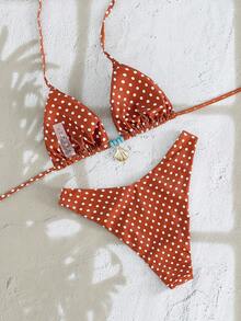 Aveloria Modichic Conjunto de bikini de 2 piezas con estampado de lunares marrones, escote halter y triángulo, con colgante metálico - Marrón - Ver 2