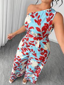 Elenzga Summer Fashion Casual Vacation French Retro Elegant Commuting Halter Waist Cinched Floral Jumpsuit - Blue - View 3