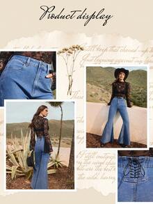 WESTFADE Jeans de pierna acampanada de mezcla de algodón con cordones en la parte trasera de talle alto, para primavera, verano, vacaciones, resort, lindo, casual, bohemio, Nashville, vaquera, Stagecoach, Coachella, festival, ropa de estilo occidental - Azul lavado medio - Ver 8