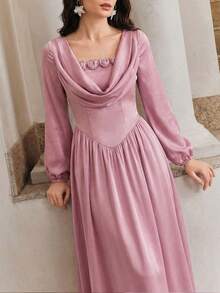 Modelyn Women's Spring/Summer Pink Woven Draped Neck Ruffle Waist A-Line Elegant Romantic Dress Cowl Neck Dress Lantern Sleeve Dress Feminine Dress Purple Long Sleeve Elegant Dress Dusty Rose Dress Women Dress Easter Brunch Romantic Floral Dres Easter Brunch Romantic Floral Dres Global Modest Fashion Dres Soft Pink Satin Modest Midi Dress Spring Break Romantic Outfit Easter Sunday Modest Floral Dress Spring Date Night Midi Dress Garden Party Elegant Dress Premium Satin Fabric Dusty Pink Rose Applique Mi - Pink - View 3