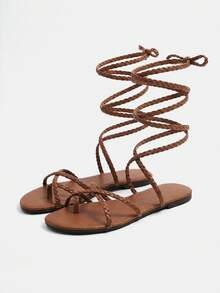 Lumivelle 女士仙女风格交叉编织系带平底角斗士凉鞋 - 咖啡棕 - 查看 1