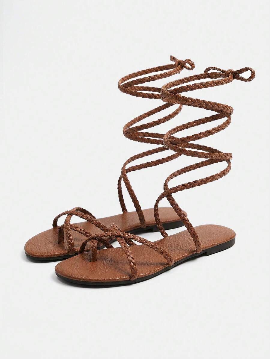 Lumivelle 女士仙女风格交叉编织系带平底角斗士凉鞋 - 咖啡棕 - 查看 1