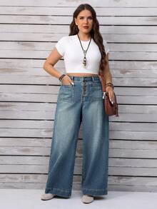 Enliva Plus Size Women Loose Fit Button Front Pocket Design Wide Leg Casual Jeans, For Apple And Rounded Body Shape - Blue - View 6