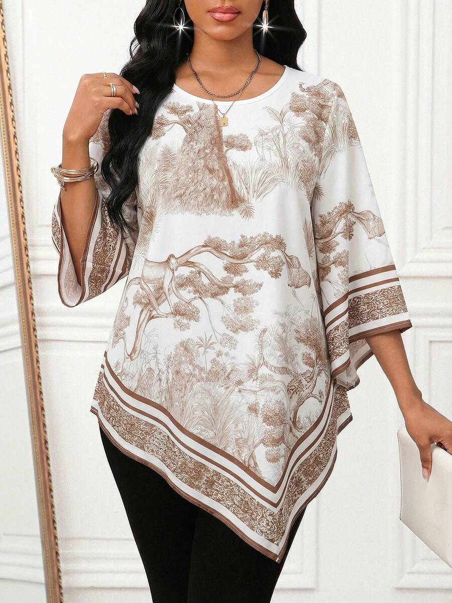 SHEIN Lady Áo kiểu nữ họa tiết cây cỏ, cổ tròn, tay chuông, vạt bất đối xứng - Nhiều màu - Xem 1