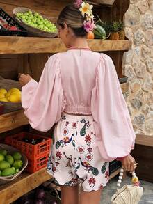 Selianne Women's Two Pieces Set,Pink And White V-Neck Lantern-Sleeve Top & Bohemian Printed Shorts,Boho Holiday Picnic Autumn Leisure Vacation Spring Summer - Multicolor - View 2