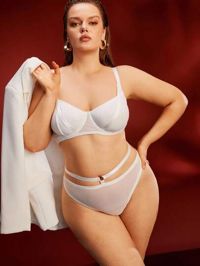 Plus Size Women's White Sexy Underwear Set, Wireless Bra And Panty With Strap Decor, Slimming Intimate Apparel