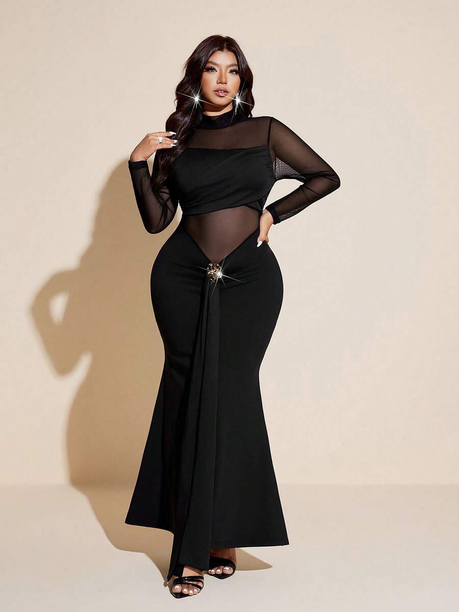 Viva Relle Plus Size Black Mesh Patchwork Long Sleeve Dress,Elegant Formal Evening Autumn Women's Slim-Fit Waist-Cinched Bodycon Fishtail Dress,Formal Minimalist - Black - View 1