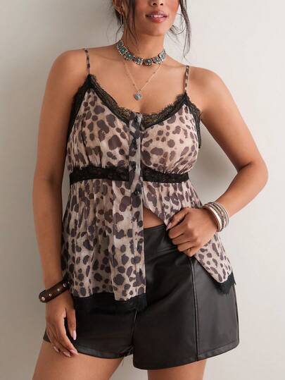 Freevana Plus Size Women Leopard Print Contrast Lace Single-Breasted Camisole Leopard Print Top Spaghetti Strap Top Button Front Top Summer Clothes Boho Style Vacation