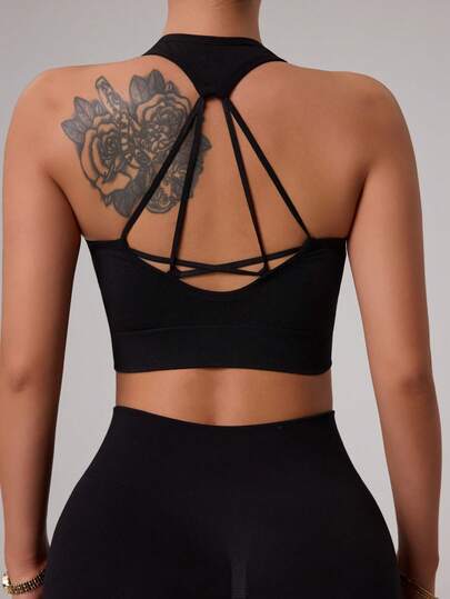 Seamluxe SHEIN Sport Women's Seamless Solid Color Sports Bra, Criss-Cross Back Design, Yoga Workout Activewear