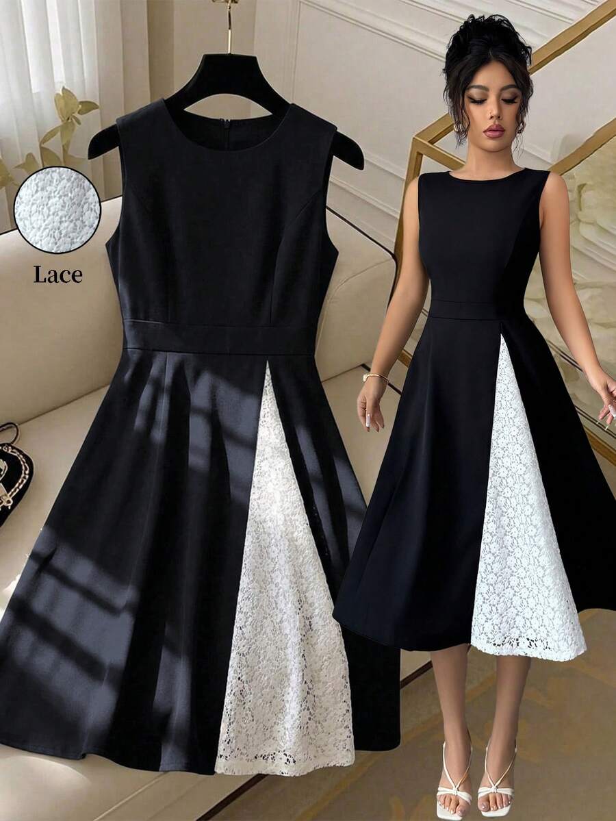 Elenzga Women's Elegant Commuter Minimalist Black Round Neck Sleeveless A-Line Lace Patchwork Fitted Waist Slimming Long Dress, Spring/Summer - Black - View 1