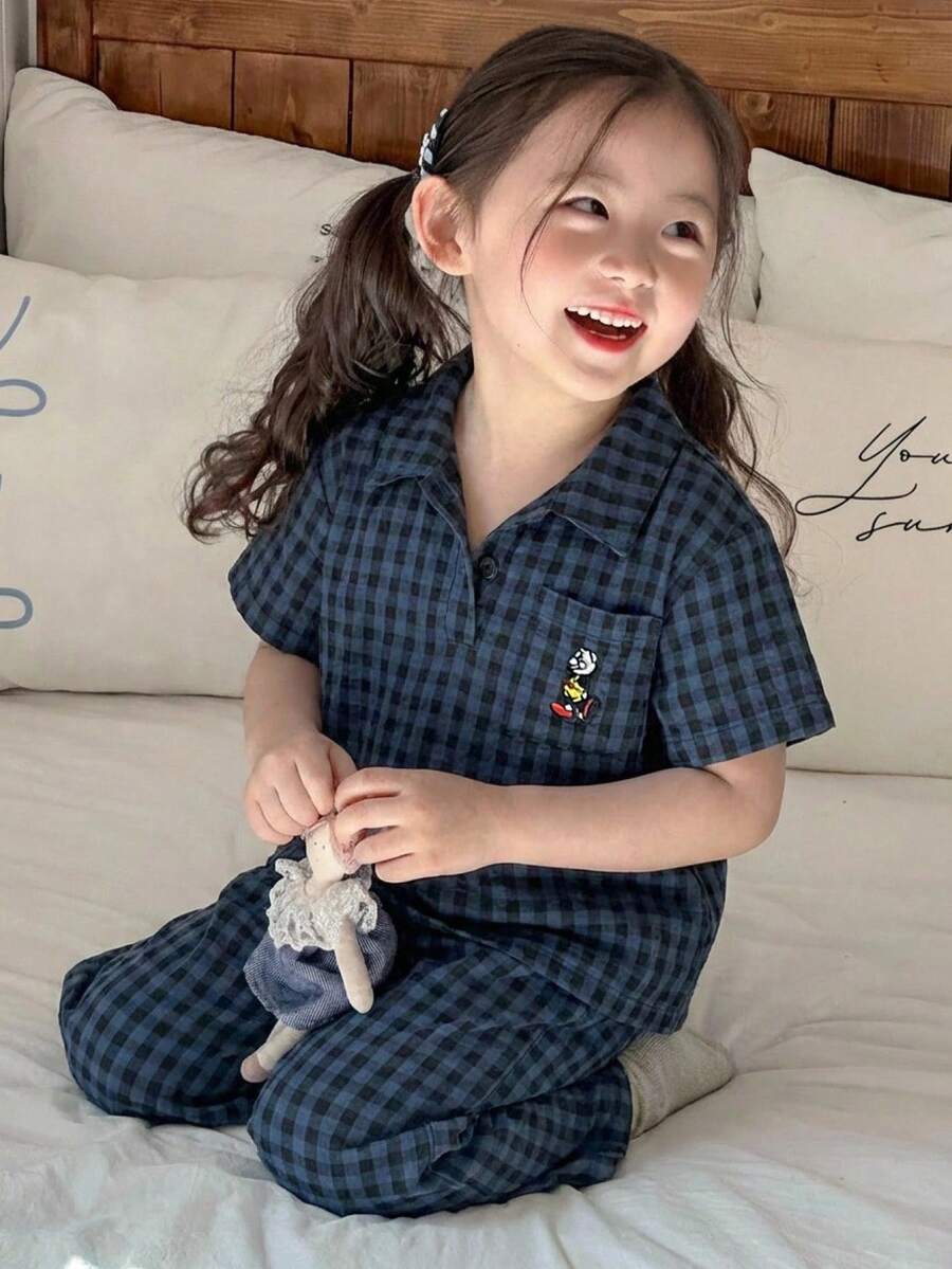 Dazy Kids Girls' Plaid Embroidered Long Sleeve Top And Pants Loungewear Set, Fall - Navy Blue - View 1