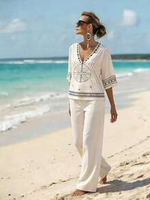 SHEIN Holidaya Áo kiểu Pháp dệt kim, phong cách nghỉ dưỡng, cổ chữ V, in họa tiết, dáng rộng, thích hợp đi biển, áo nữ mới. - Màu be - Xem 2