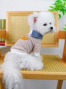 PETSIN 1pc Pet Stripe Fashion Fake Two Pieces Top Embroidered Letters Spring/Summer Thin Style Cat/Dog Universal Clothes - Coffee bar - View 5