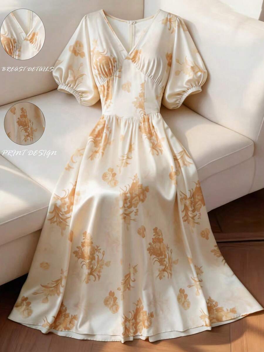 GlowEve 女士优雅白色浅黄色印花V领收腰喇叭长连衣裙，休闲时尚，适合海滩度假、日常穿着、派对、晚餐约会等场合。 - 白色 - 查看 1