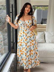 Vionelle 大码女式柠檬图案纹理面料方领草莓抽绳泡泡袖A字中长连衣裙，侧开衩 - 黃色 - 查看 4