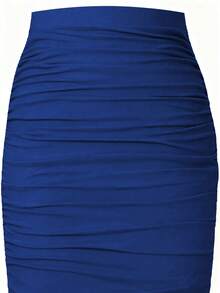 INAWLY Plus Size Women Navy Blue Solid Color Elastic Waist Pleated Mid-Length Soft & Comfortable Fitted Sexy Skirt Ruched Bodycon Skirt - Royal Blue - View 5