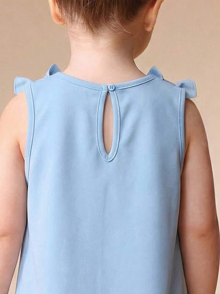 Vestido azul claro de línea A para niñas con detalles de lazo en los hombros y abertura en la espalda, longitud mini sin mangas, vestido casual de verano