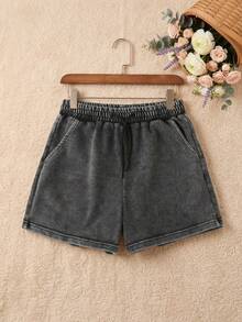 SHEIN Girls' Straight Leg Denim Shorts,Grey,Summer,Casual,City Break,Black Acid Wash,Loose Fit,Drawstring Waist,Versatile For School,Party,Vacation,Daily - Black - View 3