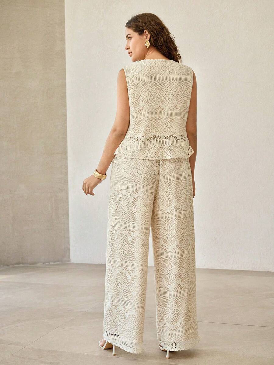 MOTF PREMIUM Bộ áo vest và quần ren khoét lỗ mùa hè, trang phục phối ren Pháp thời trang, bộ 2 món đa năng dành cho nữ cỡ lớn. - Màu be - Xem 2