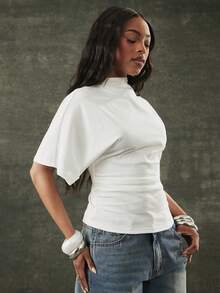 Denimoi High Neck Cinched Waist Top Fashionable Spring Summer Tops Brunch Outfit Everyday Wear - White - View 5