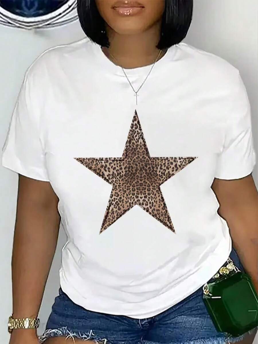Playera con estampado de estrella cuello redondo manga corta mujer cómoda uso diario primavera verano - Blanco - Ver 1