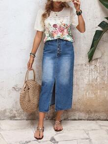 EMERY ROSE 女士休闲百搭约会旅行牛仔裙，带口袋和纽扣前开衩设计 - 藍色 - 查看 6